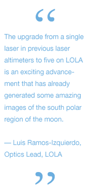 The upgrade from a single laser in previous laser altimeters to five on LOLA is an exciting advancement that has already generated some amazing images of the south polar region of the moon.
— Luis Ramos-Izquierdo, 	Optics Lead, 	LOLA